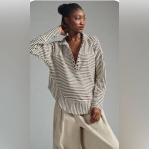 Anthropologie Pilcro striped cotton sweatshirt oversized grommets black-cream S